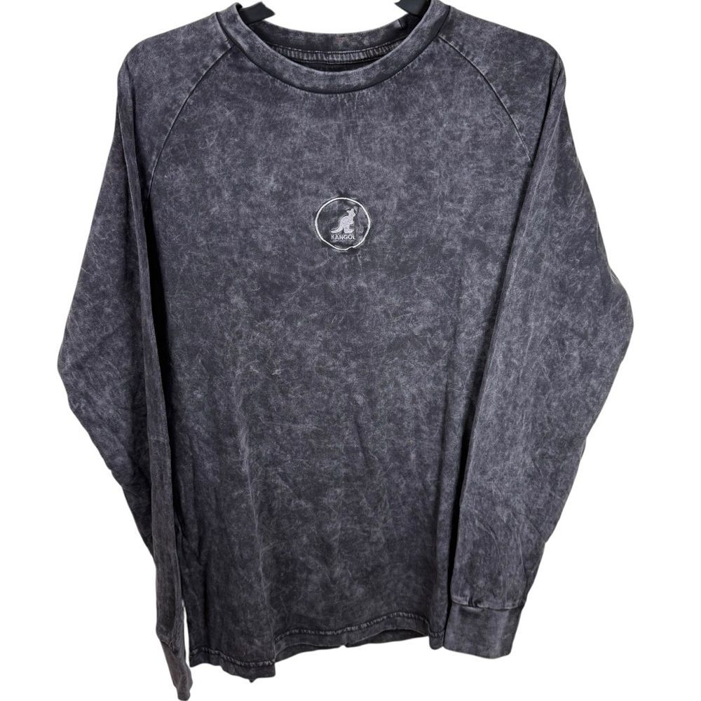 NWT Kangol Black Acid Wash Long-Sleeve Cotton T-Shirt w/Logo Size Small